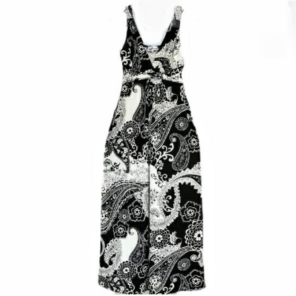 Kristen Big Black White Paisley Empire Waist Maxi Dress Size Medium